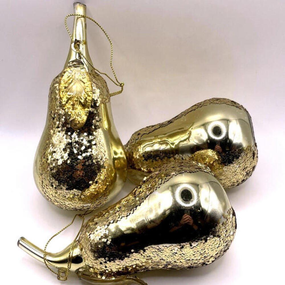 Pear Gold Glitter Hand Blown Glass Fruit Christmas Ornaments LOT of‎ 3